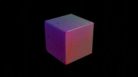 Abstract red blue technology cube with CPU texture on edges rotates on black bac Stock Footage 311359316