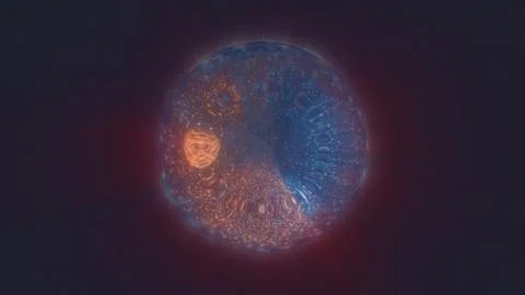 Abstract red bright glowing background with a sphere core atom energy burni.. Illustrazione stock
