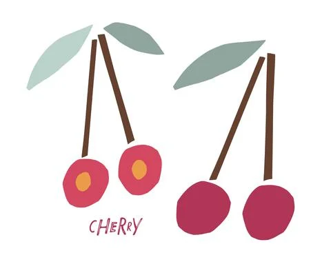 Abstract red cherry fruit with leaves, childish hand drawn doodle sketch Stock Illustration