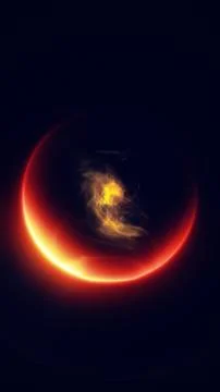 Abstract red crescent energy orb with golden glowing smoke, cosmic plasma m.. 스톡 일러스트