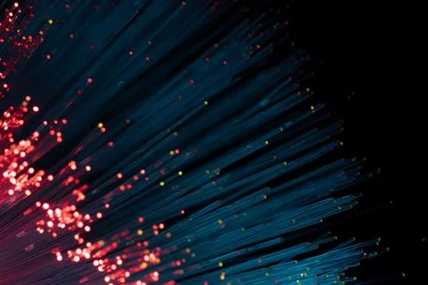 Abstract Red Data Particles on Blue Background, Digital Communication Concept Stock Photos