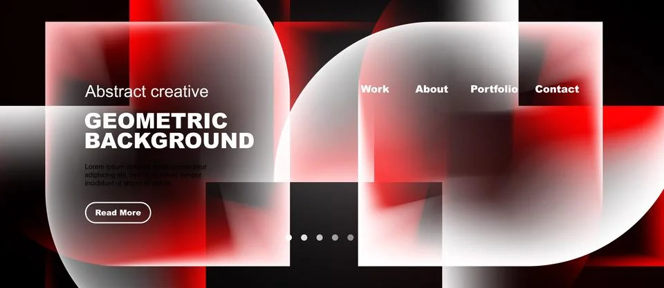 Abstract red design features geometric shapes, text overlays, navigation menu 스톡 일러스트