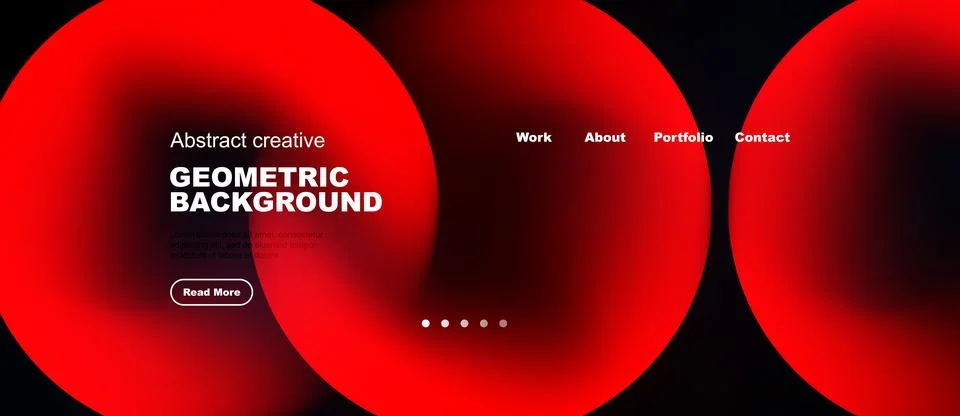 Abstract red design features overlapping circles. Text includes work, about, Stock Illustration
