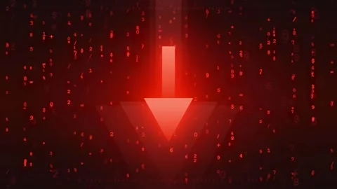 Abstract Red Digital Data Stream with Glowing Downward Arrow and Binary Code Stock-Footage 343444141