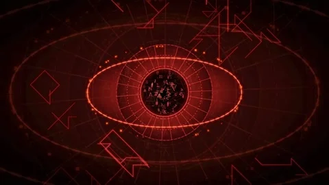 Abstract Red Digital Eye Interface with Futuristic HUD Elements and Data Stockbeeldmateriaal 343152548