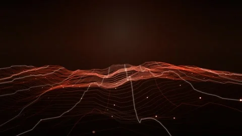 Abstract red digital landscape with glowing wireframe mesh and particles Stock Footage 342223429