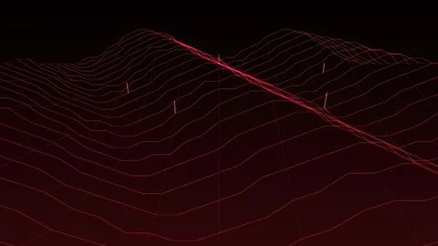 Abstract red digital landscape terrain with glowing wireframe lines forming.. Illustrazione stock