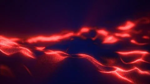 Abstract red digital particle wave with glowing mesh lines, dark background.. 스톡 일러스트