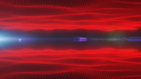 Abstract red digital particle wave with glowing dotted grids, dark horizon,.. Stock Illustration