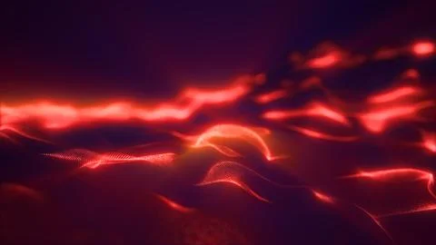 Abstract red digital particle wave with glowing mesh lines, dark background.. Stock Illustration