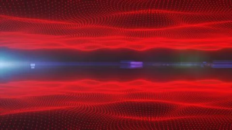 Abstract red digital particle wave with glowing dotted grids, dark horizon,.. Illustrazione stock