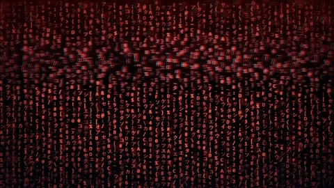 Abstract red digital rain with falling binary code and data symbols on black Video stock 343152852