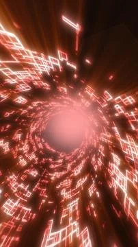 Abstract red digital tunnel filled with glowing geometric data shapes and r.. Stockillustratie