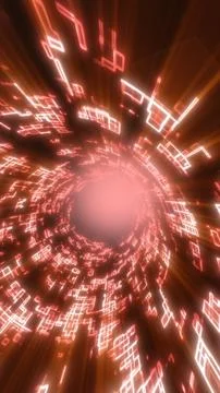 Abstract red digital tunnel filled with glowing geometric data shapes and r.. 스톡 일러스트