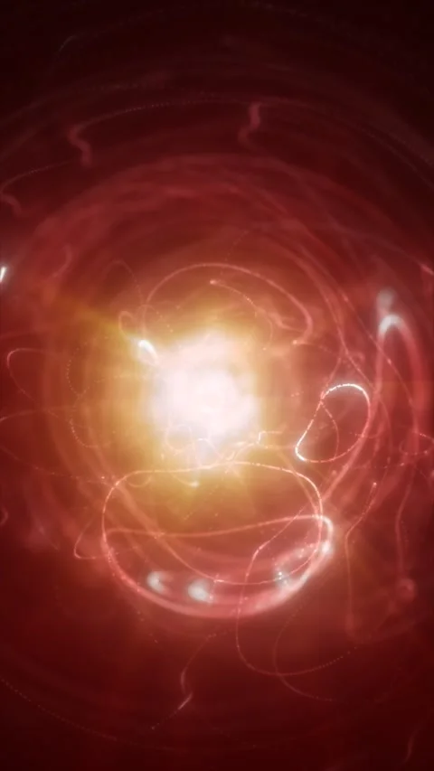 Abstract red energy core with orbiting light trails and glowing nucleus, in.. Stock Footage 332776544