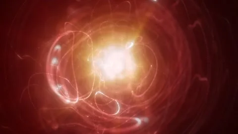 Abstract red energy core with orbiting light trails and glowing nucleus Stock Footage 334130256