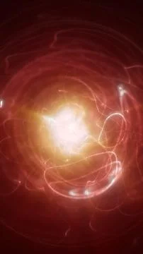 Abstract red energy core with orbiting light trails and glowing nucleus, in.. Stock Illustration