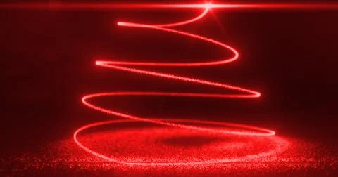 Abstract red flying line of dots and luminous particles of energetic magica.. Stock Photos