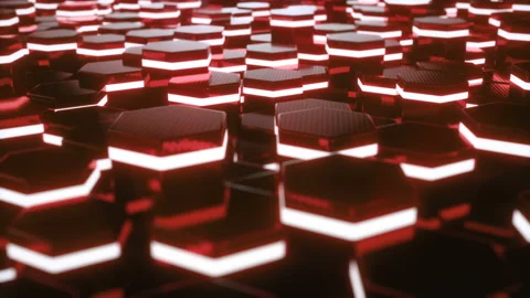 Abstract red of futuristic surface hexagon pattern with light rays. 3D Rendering Stock Footage 88797378