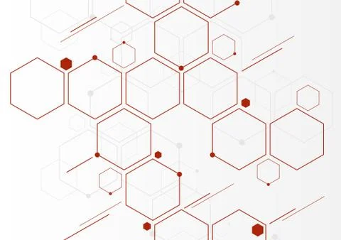 Abstract red geometric hexagons molecular structures on white background. Illustrazione stock