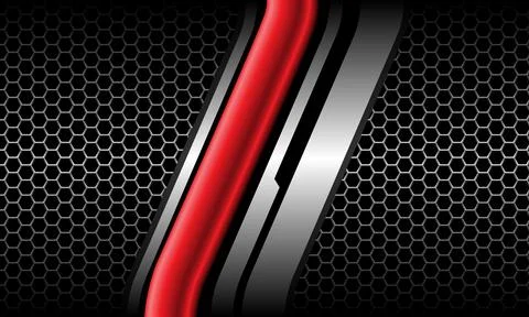 Abstract red glossy silver line cyber on grey hexagon mesh black design moder Stock Illustration