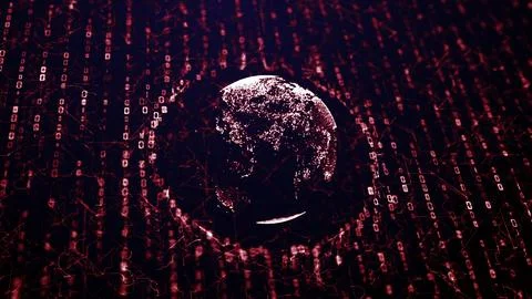 Abstract red glowing data network over a futuristic world map perfect for イラスト素材