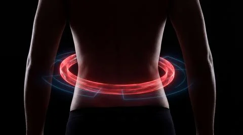 Abstract red glowing ring with blue lines around a female waist. Stock Illustration