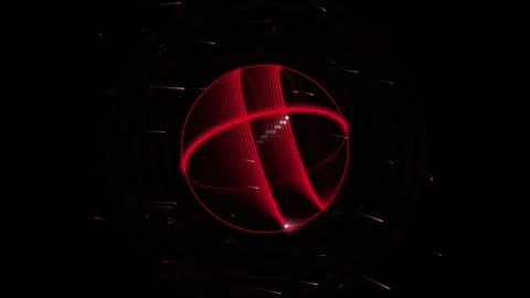 Abstract red glowing sphere with digital orbital rings rotating in dark spa.. 库存影片 345896648