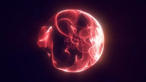 Abstract red glowing sphere with flowing particle shell and dark textured c.. Stock Footage 335174183
