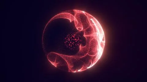 Abstract red glowing sphere with flowing particle shell and dark textured c.. Stockillustratie