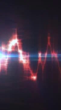 Abstract red glowing waveform with bright lens flares, pulse line, and dark.. Stock Illustration