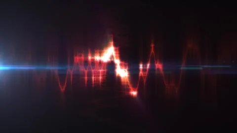 Abstract red glowing waveform with sharp light peaks on a dark background, sy Illustrazione stock
