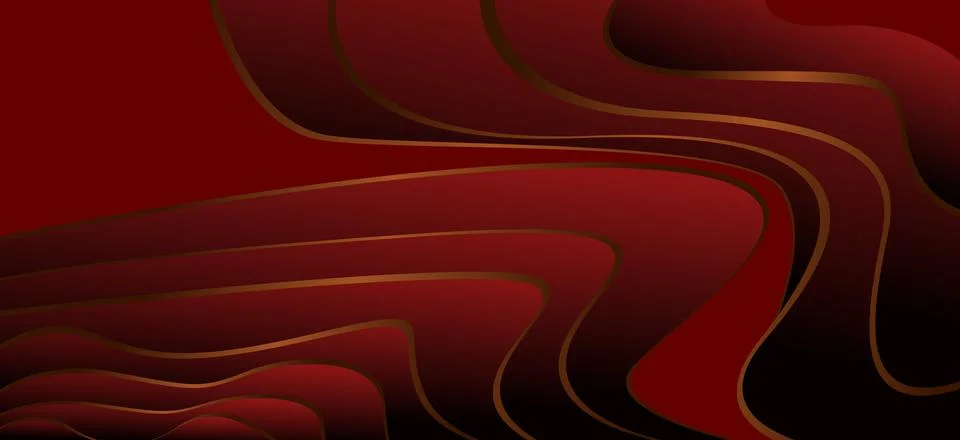 Abstract Red Gradient Background with Dynamic Wavy Gold Lines and Fluid Shape Stock Illustration
