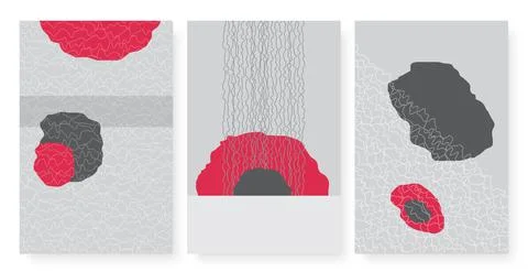 Abstract red grey shape and hand drawn scribbles pattern set, shapeless figures Stock Illustration