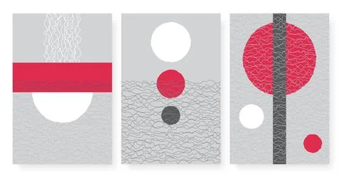 Abstract red grey shape and hand drawn scribbles pattern set, shapeless figures Illustrazione stock