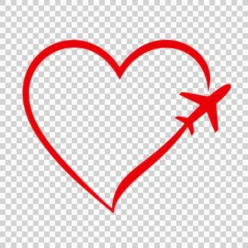 Abstract Red Hand Drawn Heart Shape Outline With Airplane Flying Through its Con Stock Illustration