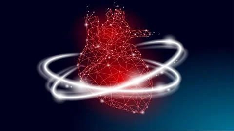 Abstract red heart low poly. Bright glowing lines surround it. Medical Stock-Illustration
