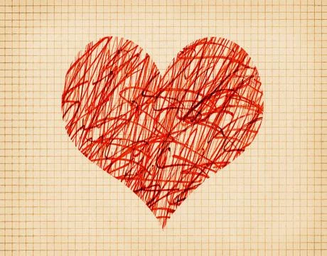 Abstract red heart with messy pattern on old school cell paper Stock Photos