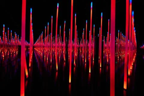 Abstract red LED light poles in infinity mirror room 스톡 사진