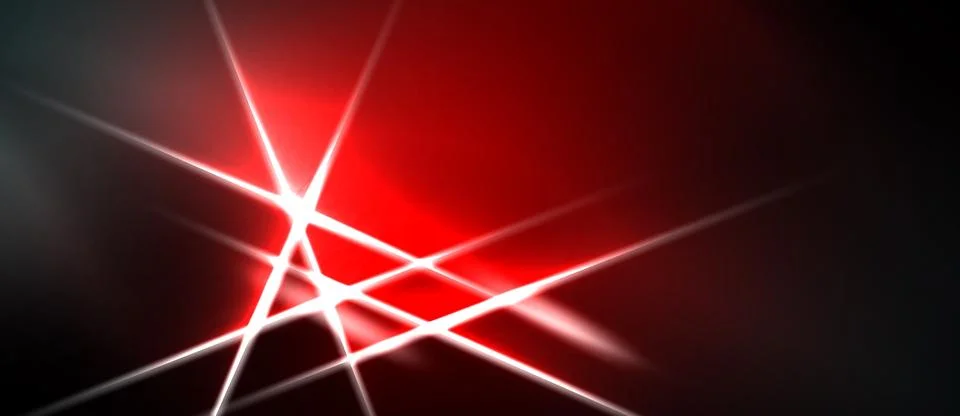 Abstract red light beams intersect dark background. Bright energy radiates fr Stock Illustration