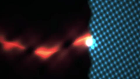 Abstract red light energy beams interacting with blue digital dot pattern gri 스톡 동영상 334511508