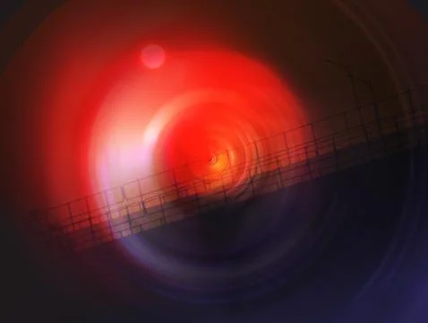 Abstract Red Light Vortex Over Urban Bridge Silhouette With Motion Blur and.. Ilustração Stock