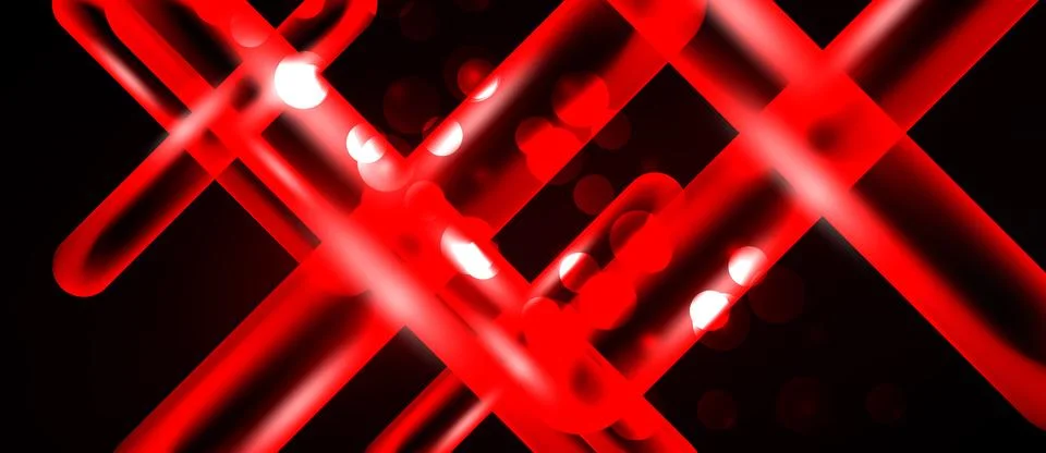 Abstract red lines intersect over dark background. Bright bokeh effects add Ilustração Stock
