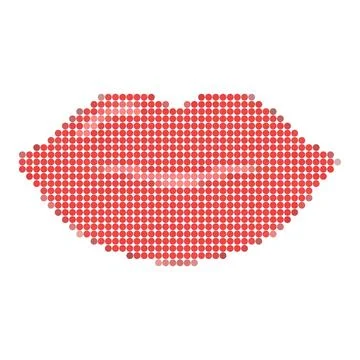 Abstract red lips shape made of small round gummy candy pieces on white bac.. Иллюстрация