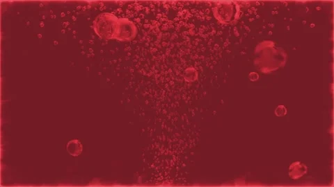 Abstract red liquid background featuring swirling bubbles and rising Stockbeeldmateriaal 347481208
