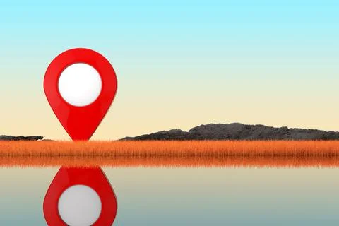 Abstract Red Map Pointer Pin Standing in Autumn Long Grass on a River Bank. 3 イラスト素材