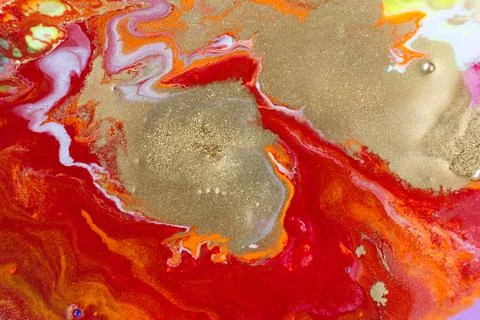Abstract red marble pattern with gold glitter. Liquid paint background. Stock Illustration