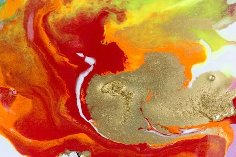 Abstract red marble pattern with gold glitter. Liquid paint background. Stock Illustration