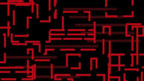 Abstract red neon line with binary number pattern on black background technol Illustrazione stock