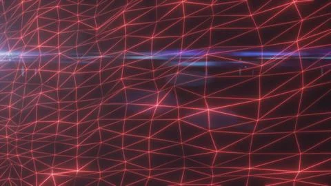 Abstract red neon mesh grid with luminous wireframe triangles and reflectio.. Illustrazione stock